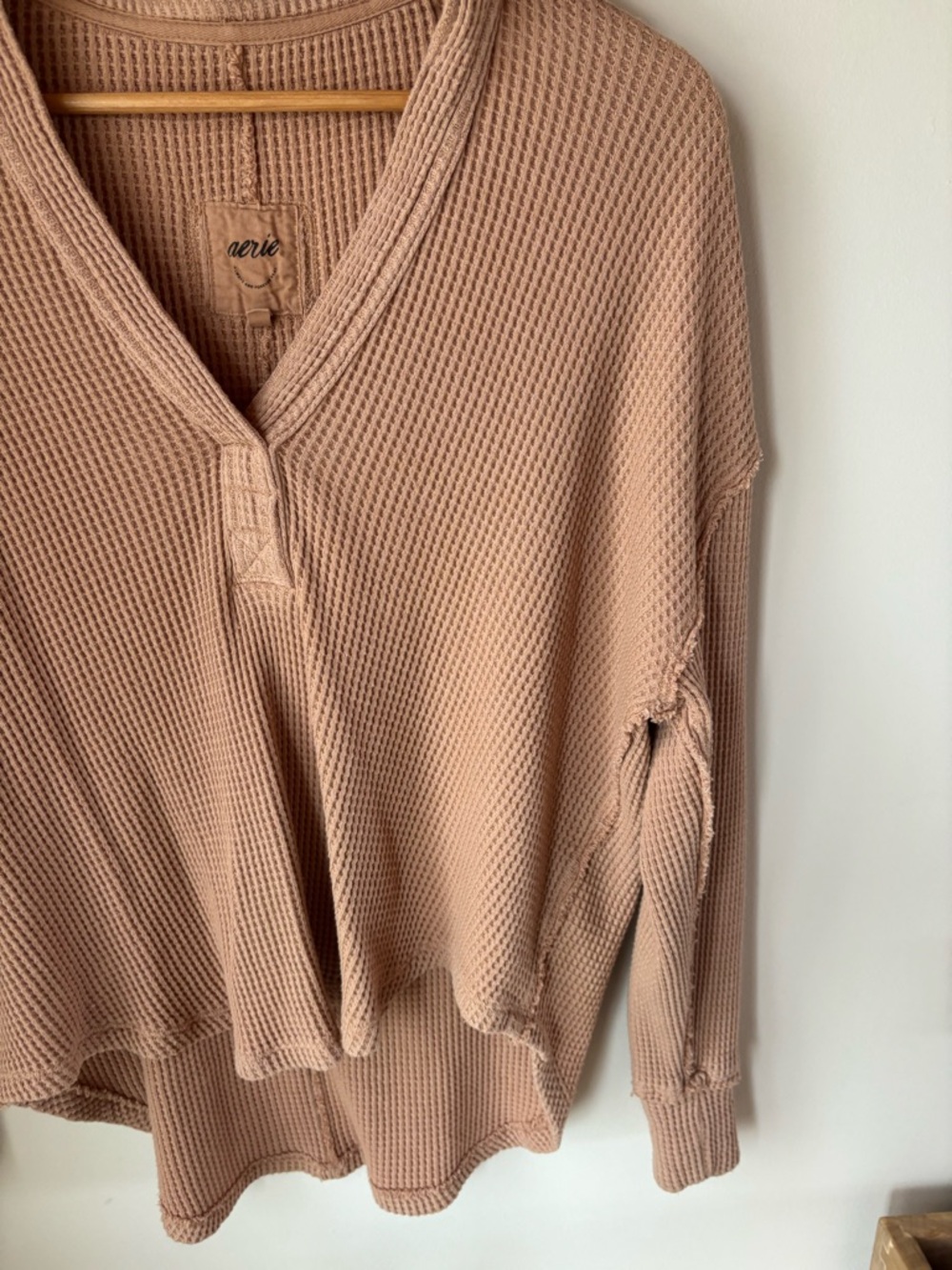 aerie Waffle Knit V-Neck Hoodie in Dusty Rose - Picture 2 of 5